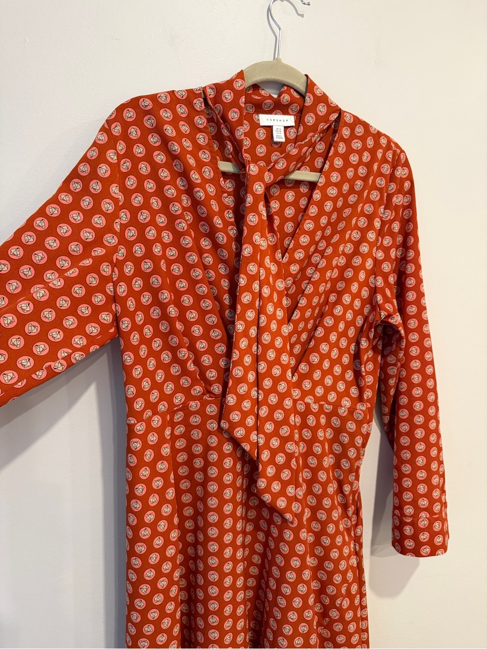 Topshop Horse Coin Print Long Sleeve Asymmetric Midi Dress Rust Orange Size 10 - Picture 3 of 13